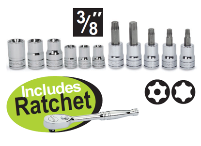 Snap-on XXDEC106 3/8" TORX Socket & Skt Driver Set on rail with clips Includes Ratchet