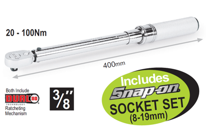 Snap-On 3/8" Adjustable Click-Type Fixed Head Torque Wrenches (20-100Nm) with Socket Set XXMAY111