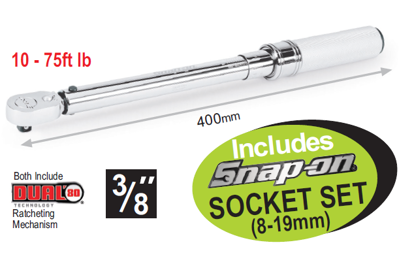 Snap-on XXMAY114 3/8” Torque Wrench 10–75 ft-lb with Free Socket Set