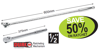 Snap-on 1/2" Breaker Bar 600mm & Long Ratchet Combo XXJUL109 | Dual 80 Technology