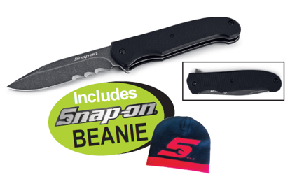 Snap-on knife, Ignitor Veff knife, Ken Steigerwalt design, flipper, Ken Onion assist, black stonewashed blade, pocket clip, Veff serrations