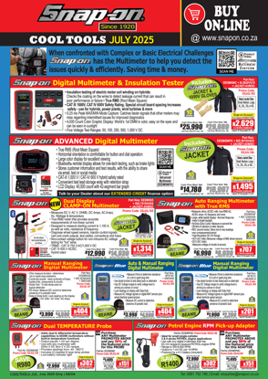 Snap-on Cool Tools July 2025 – digital & clamp multimeters, insulation tester, temp probe and RPM adapter promotions