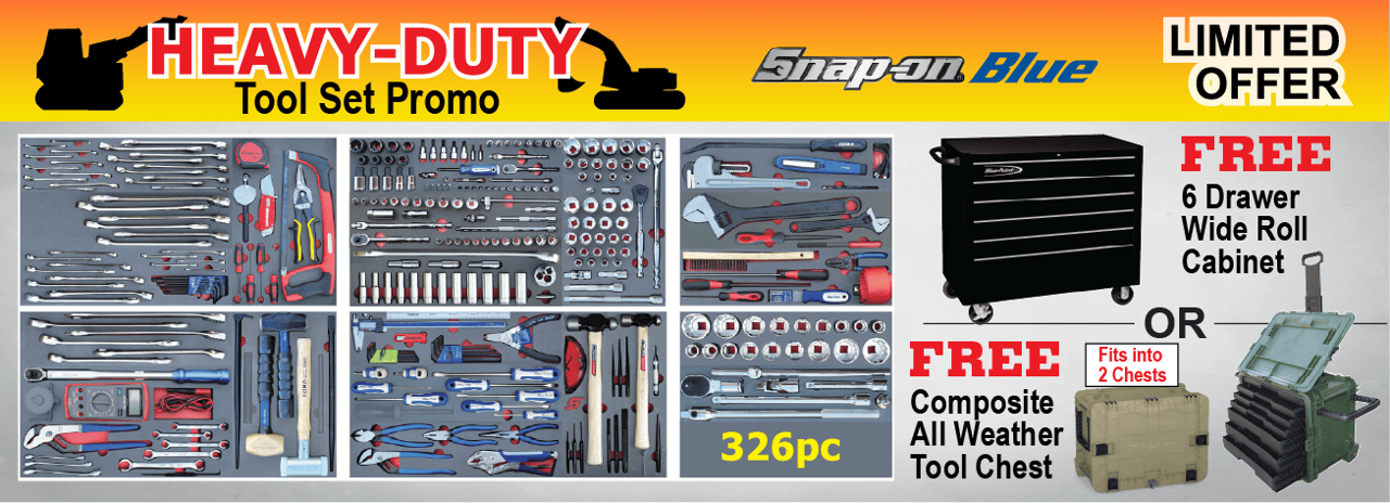 Buy the 326-piece Snap-on Blue Earthmoving Heavy-Duty Tool Set and get a FREE 6 Drawer Wide Roll Cabinet or Composite All Weather Tool Chest in your preferred colour.