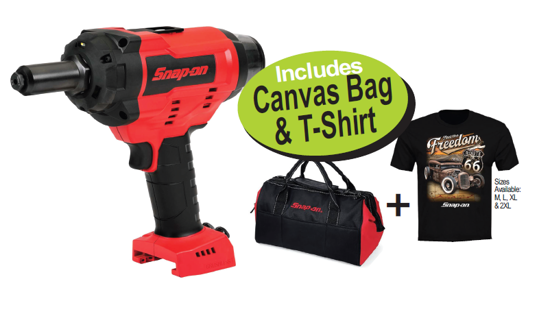 Snap-on 18V Cordless Brushless Rivet Gun BODY ONLY with Canvas Bag & T-Shirt - XXMAR282