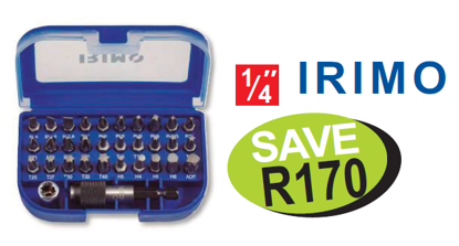 XXAPR218 1/4" Bit Set (32pc) Includes: 29 bits, 1 magnetic quick release bit holder, 1 socket adapter and 1 bit adapter 1/4" hex drive. For slotted, Phillips, Pozidriv, Torx® and hex fasteners