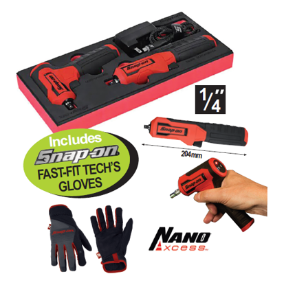 XXAPR280 1/4" 3.6V Cordless Nano Axcess Pistol & Inline Driver Includes: Snap-on FAST-FIT TECH'S GLOVES