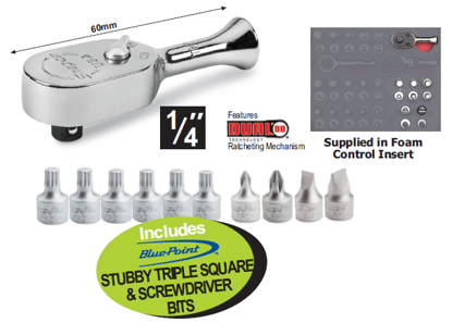 XXAPR230 1/4" Stubby Fixed Head Ratchet Includes: Stubby Triple Square & Screwdriver Bits
