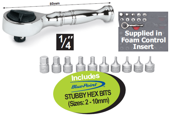 XXAPR232 1/4" Stubby Round Head Ratchet Includes Stubby Hex Bits (Sizes: 2 - 10mm)